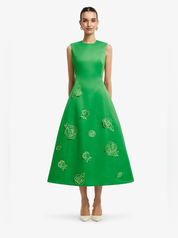 Leo Lin Cleo Emerald Green Floral Appliqu Sleeveless Midi Dress Au8/Us4 Nwot